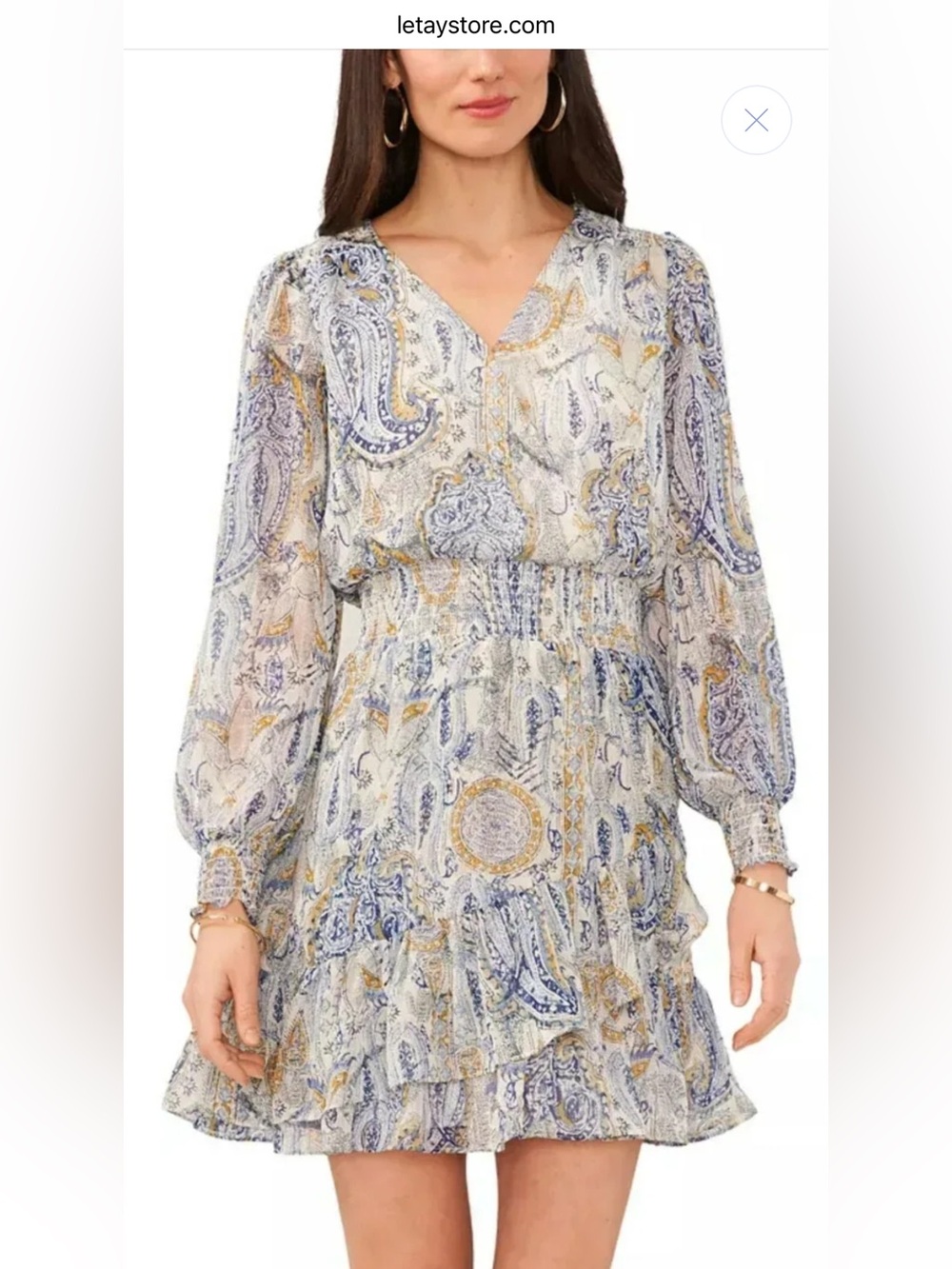 Vince Camuto Women’s Paisley Print Ruffle Hem Smocked Waist Long Sleeve Mini L